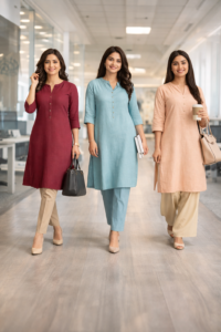 1) Straight Kurti + Cigarette Pants (Best everyday combo)

Straight kurtis paired with cigarette pants look clean and professional.
Tip: Choose solid colours like beige, navy, maroon, or pastel shades.

2) A-Line Kurti + Ankle-Length Pants (For comfort)

A-line kurtis give easy movement and balance the outfit perfectly.
Tip: Add small studs + a slim watch to complete the look.

3) Kurti + Palazzos (Most comfortable office outfit)

Palazzos are breathable and ideal for long work hours.
Tip: Keep kurti length mid-thigh for best proportion.

4) Kurti + Formal Jacket (Power look)

Add a short jacket or structured shrug over a kurti for a sharp office vibe.
Tip: Keep inner kurti plain if jacket has prints.

5) Kurti + Dupatta (Elegant but minimal)

If you want a graceful look, add a light cotton/silk blend dupatta.
Tip: Avoid heavy festive dupattas for office wear.

6) Printed Kurti + Solid Bottom (No overdoing)

If your kurti has prints, keep bottom wear plain.
Best combo: block print kurti + beige pants.

7) Solid Kurti + Printed Bottom (Modern office look)

Reverse the above: keep kurti plain and use printed bottom.
Tip: Use subtle prints only (micro checks, small motifs).

8) Shirt-Style Kurti + Pants (Smart & formal)

Shirt-style kurtis instantly look corporate.
Tip: Pair with loafers or block heels.

9) Kurti + Belt (Stylish but office-appropriate)

A slim belt defines waist and upgrades the look.
Best for: A-line and long kurtis.

10) Kurti + Matching Set (Fastest daily solution)

Co-ord kurti sets make you look instantly put together.
Tip: Add 1 statement element only—either earrings OR bag.

✅ What Footwear Works Best with Office Kurtis?

Juttis (simple)

Block heels

Sandals with minimal straps

Loafers (for formal look)

✅ Accessories that look professional

Keep it minimal for office:

Studs or small hoops

Watch

Simple tote bag

Light lipstick + clean hairstyle

✅ Final Styling Tip

If you want daily outfit solutions, focus on 3 things:

Clean fits

Comfortable fabric

Balanced colours

That’s the secret of effortless kurti styling for office wear.